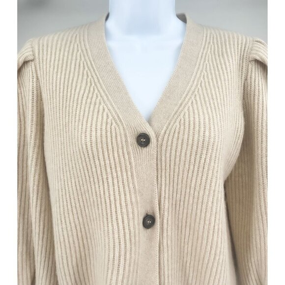 G. Label by GOOP Foster Ribbed Puff Sleeve Cardigan Sweater Ivory Merino Wool - Picture 6 of 11